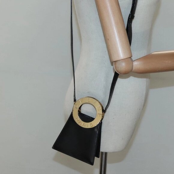 CELINE Shoulder Bag Leather Black Gold Auth - Picture 1 of 16